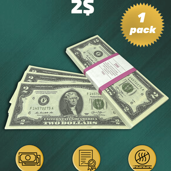 2 US Dollars prop money stack two-sided one packs