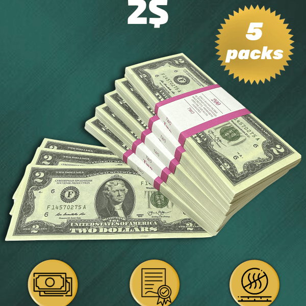 2 US Dollars prop money stack two-sided five packs