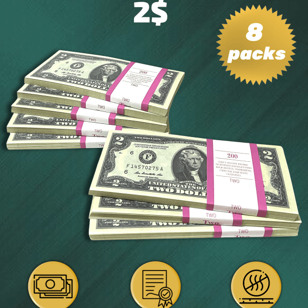 2 US Dollars prop money stack two-sided eight packs