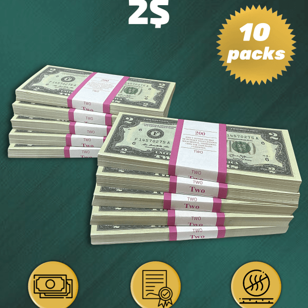 2 US Dollars prop money stack two-sided ten packs