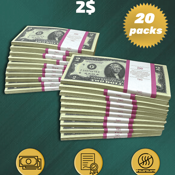 2 US Dollars prop money stack two-sided twenty packs