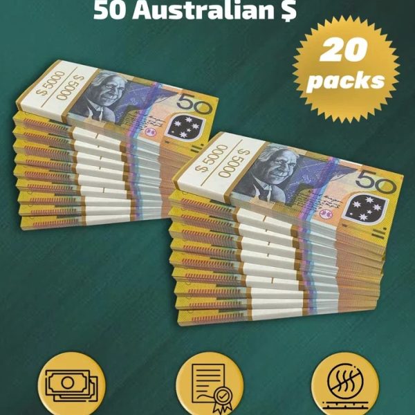 50 Australian Dollars prop money stack two-sided twenty packs