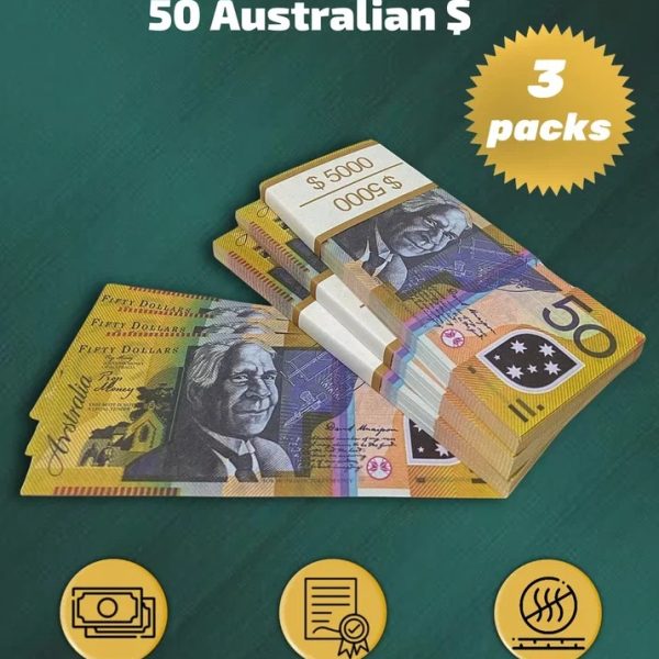 50 Australian Dollars prop money stack two-sided three packs