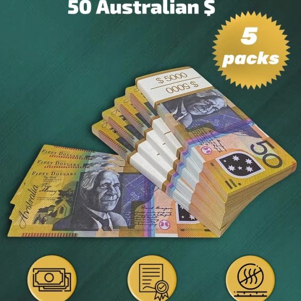 50 Australian Dollars prop money stack two-sided five packs