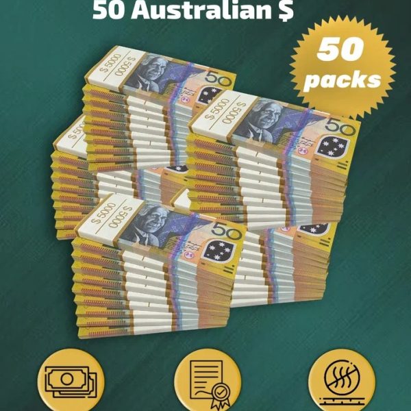 50 Australian Dollars prop money stack two-sided fifty packs