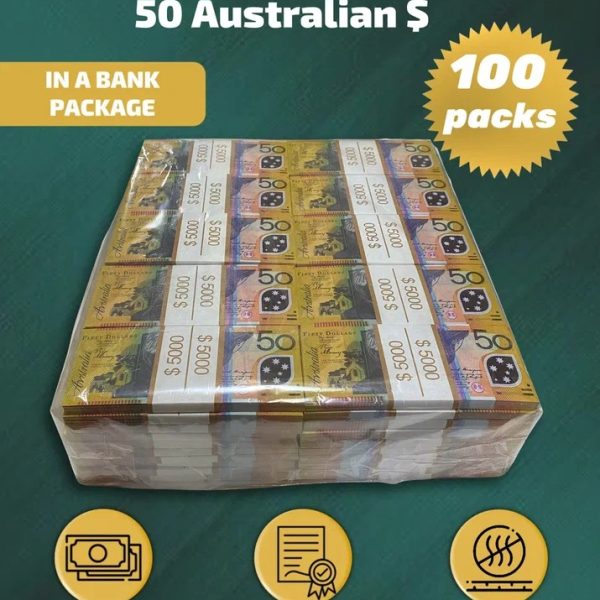 50 Australian Dollars prop money stack two-sided one hundred packs