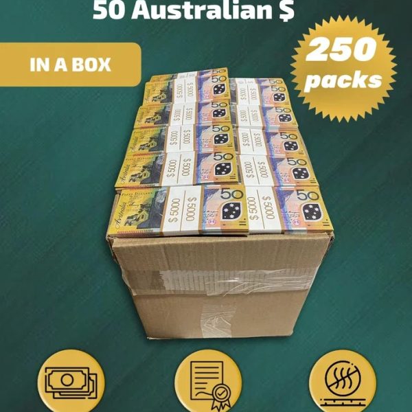 50 Australian Dollars prop money stack two-sided two hundred fifty packs