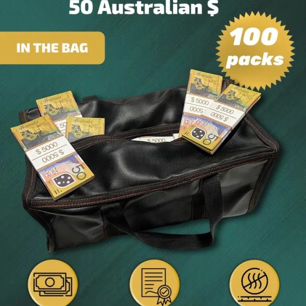 50 Australian Dollars prop money stack two-sided one hundred packs & money bag