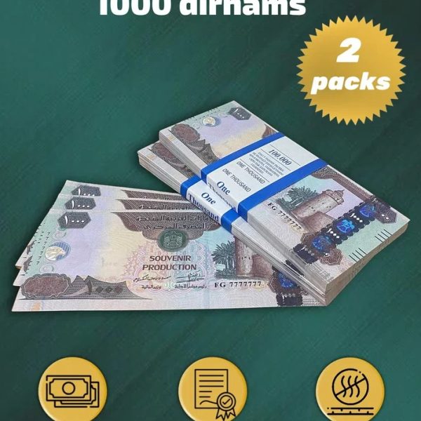 1000 Dirhams prop money stack two-sided two packs