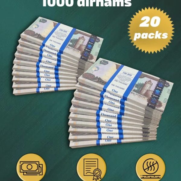 1000 Dirhams prop money stack two-sided twenty packs