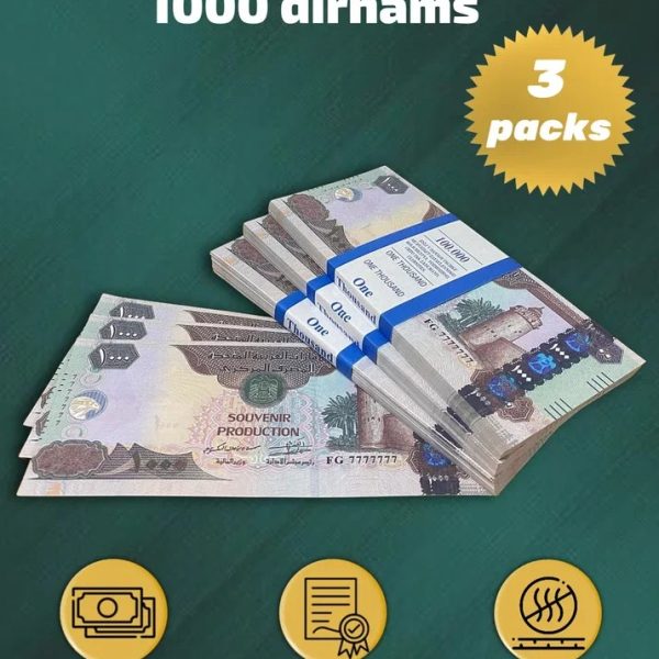 1000 Dirhams prop money stack two-sided three packs