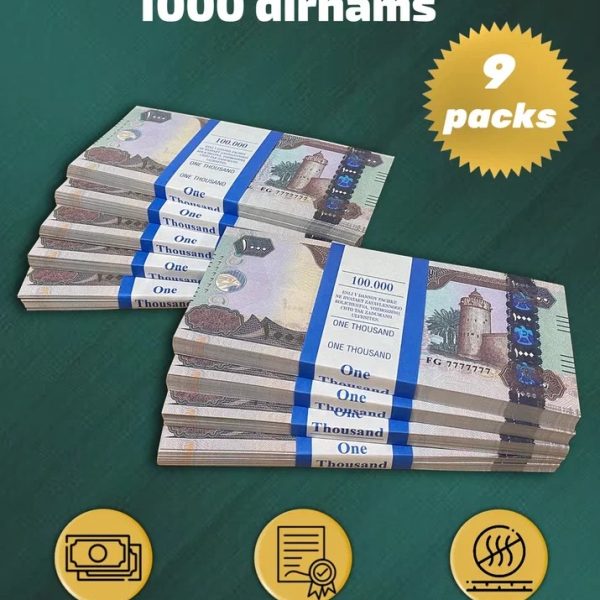 1000 Dirhams prop money stack two-sided nine packs