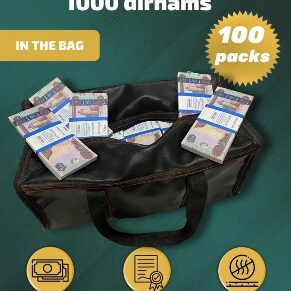 1000 Dirhams prop money stack two-sided one hundred packs & money bag