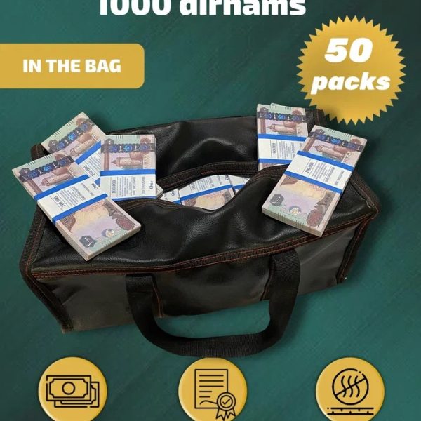 1000 Dirhams prop money stack two-sided fifty packs & money bag