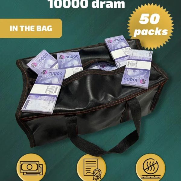 10 000 Armenian dram prop money stack two-sided fifty packs & money bag