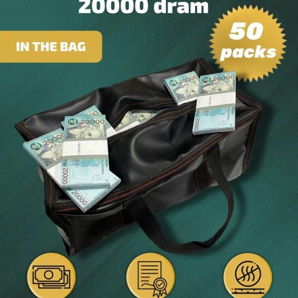 20 000 Armenian dram prop money stack two-sided fifty packs & money bag