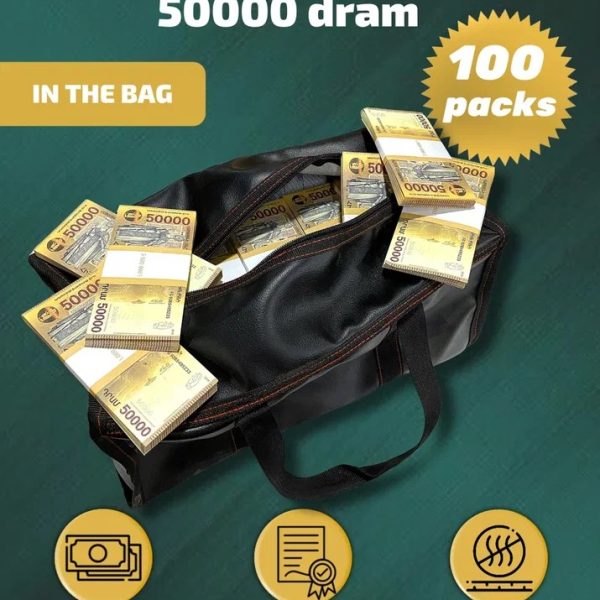 50 000 Armenian dram prop money stack two-sided one hundred packs & money bag