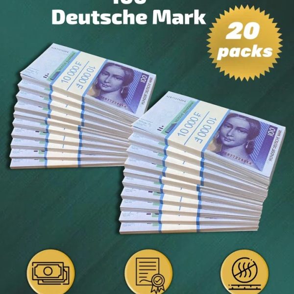 100 Deutsch marks prop money stack two-sided twenty packs