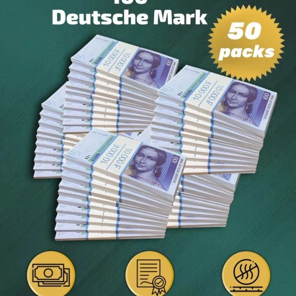 100 Deutsch marks prop money stack two-sided fifty packs