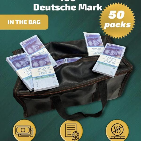 100 Deutsch marks prop money stack two-sided fifty packs & money bag