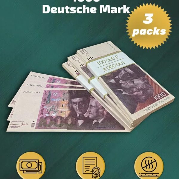 1000 Deutsch marks prop money stack two-sided three packs