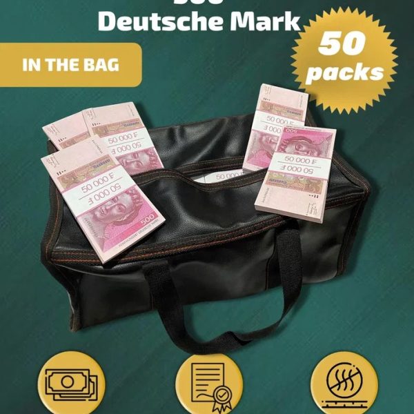 500 Deutsch marks prop money stack two-sided fifty packs & money bag