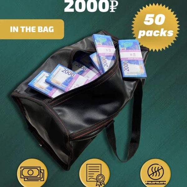 2000 Russian rubles prop money stack two-sided fifty packs & money bag
